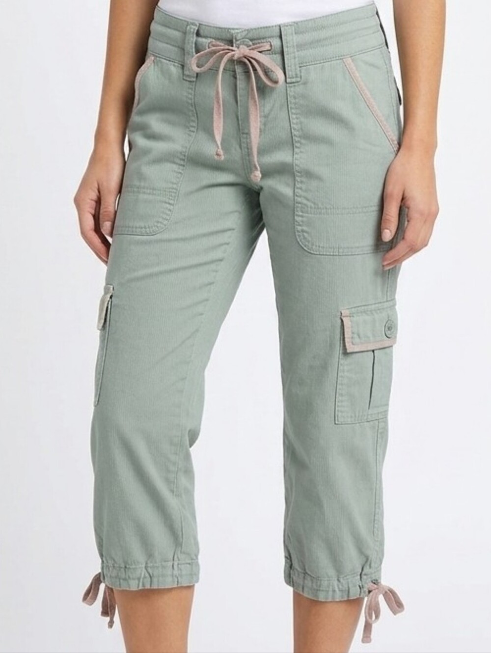 Women's Sage Green Cargo Capris with Drawstring Waist
